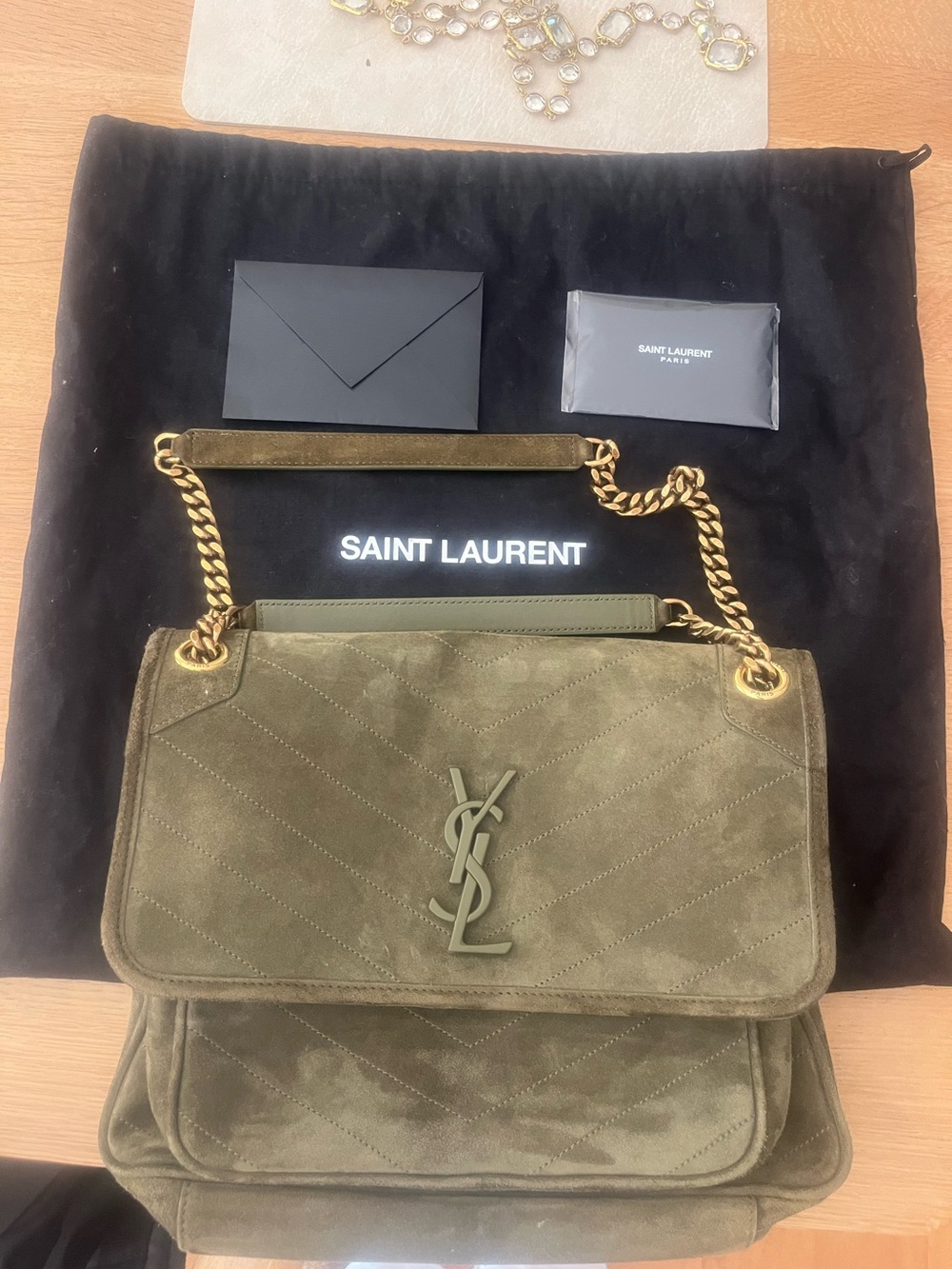 Pristine Saint Laurent Olive Niki Green Suede Medium Shoulder Bag